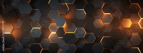 Abstract futuristic luxurious digital geometric technology hexagon background banner illustration. Glowing gold, brown, gray and black hexagonal shape texture wall