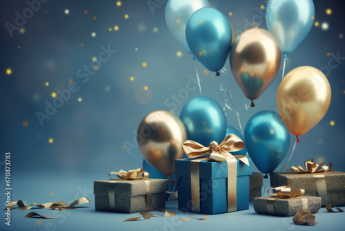 Festive background with blue and golden balls, gift boxes and confetti. © Anna
