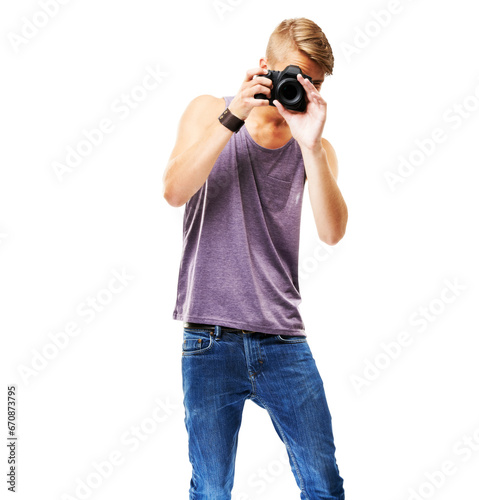 Isolated photographer man, retro camera and shooting for art, media and job by transparent png background. Content creator, photography student and vintage tech for creativity, magazine or newspaper