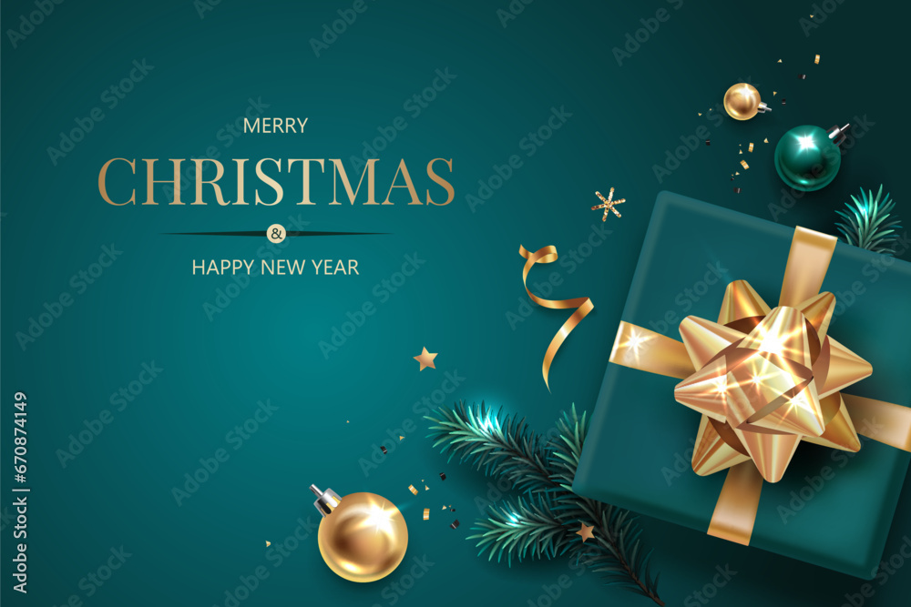 Horizontal banner with gold and green Christmas symbols and text. Christmas tree, balls, golden tinsel confetti and snowflakes on green background. Luxury background.

