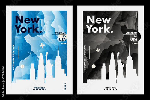 USA New York city poster pack with abstract skyline, cityscape, landmark and attraction. NYC travel vector illustration layout set for vertical brochure, website, flyer, presentation