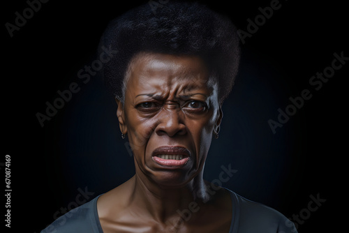 Angry senior African American woman, head and shoulders portrait on black background. Neural network generated image. Not based on any actual person or scene. photo