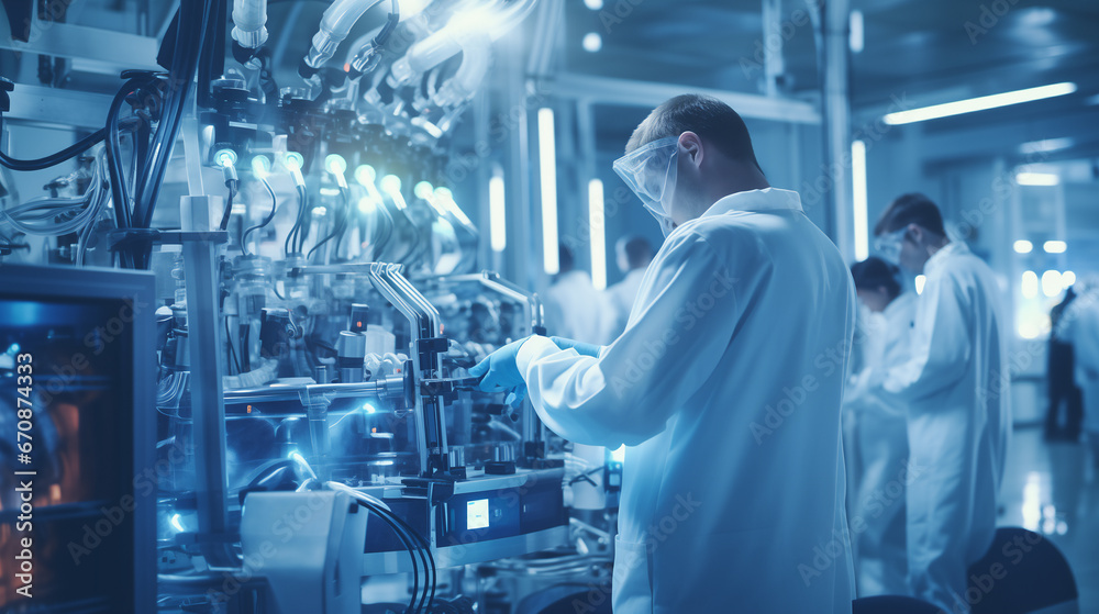 Fototapeta premium Scientist working in a Pharmaceutical or Technological industry. Ai generative.