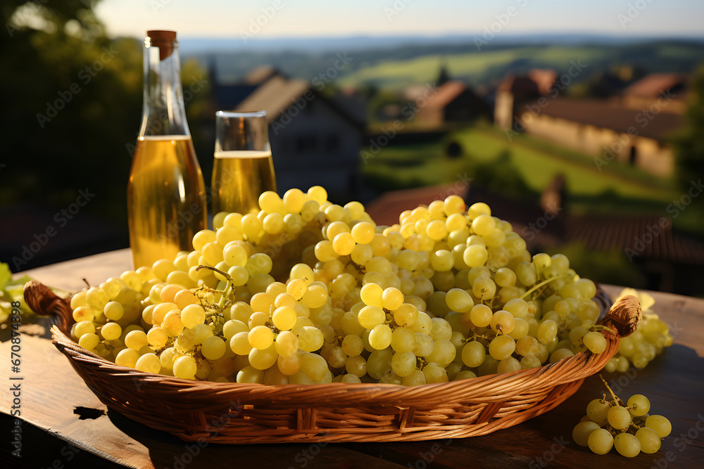 Freshly harvested white grapes. vineyard landscape in background.