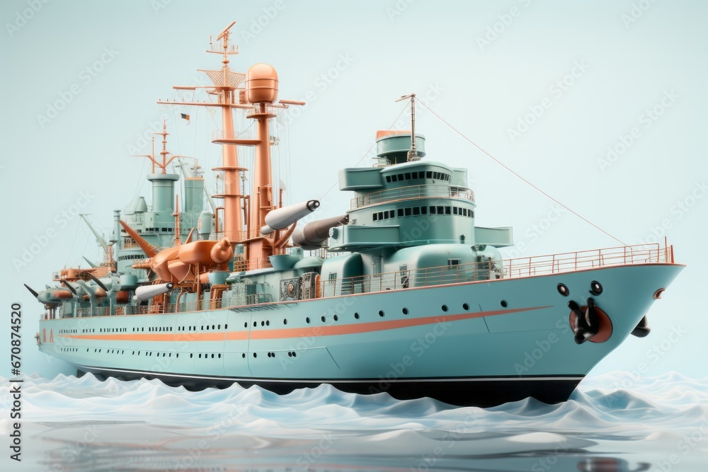 Toy battleship, representing naval power and strength in calming pastels, on isolated on white background, Generative AI
