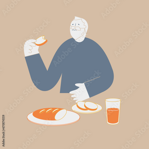 An elderly man finds it difficult to eat hard bread. There is bread and orange juice on the table.