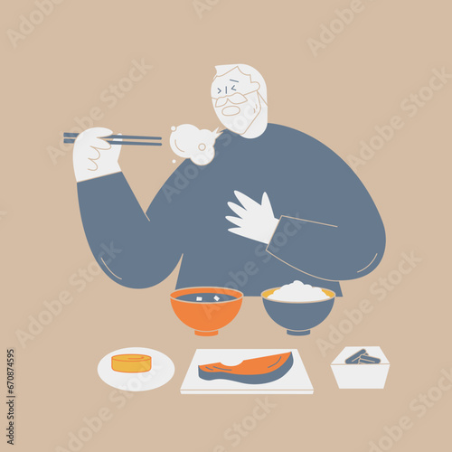 An elderly man is coughing while eating.