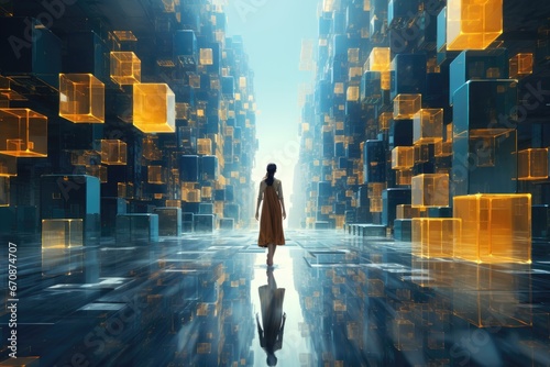 An abstract background image for creative content, envisioning the future and technology, with a woman walking through a three-dimensional digital space. Photorealistic illustration