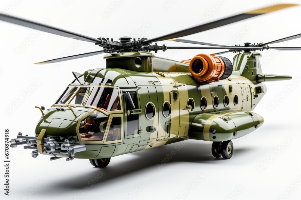 Toy military helicopter in flight, symbolizing the power of aviation with simplicity and elegance, on isolated on white background, Generative AI Toy military helicopter in flight, symbolizing the power of aviation with simplicity and elegance, on isolated on white background, Generative AI