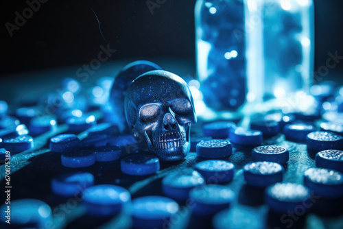 A skull with ecstasy pills or tablets with mdma on a dark background photo