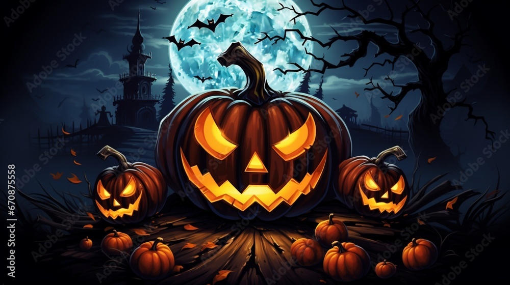 A detailed Halloween-themed vector artwork with pumpkins and bats creating a spooky and captivating composition