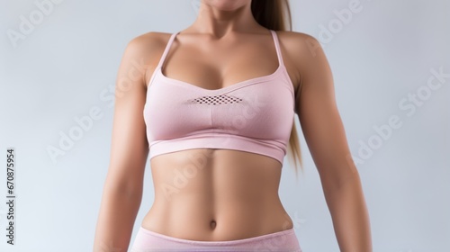 Close up unrecognizable fit woman's body with fitenss clothes and copyspace. © morepiixel