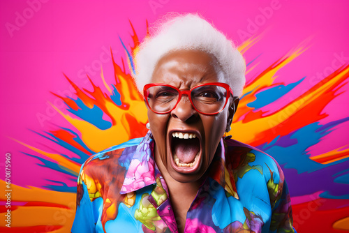 Angry senior African American woman yelling, head and shoulders portrait on funky colorful background. Neural network generated image. Not based on any actual person or scene. photo