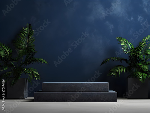 Empty concrete podium  green plants and leaves. Stage showcase for cosmetic products presentation