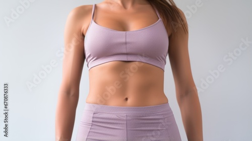 Close up unrecognizable fit woman's body with fitenss clothes and copyspace.