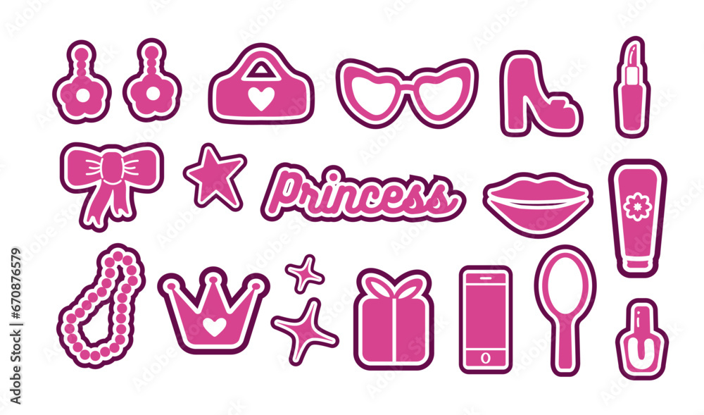 Popular pink collection for girls. heart, shoe, star, lipstick, glass, crown. logo, sticker, individual elements on a white background. for print, banner, postcard. vector art barbie