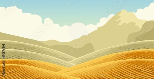 vector plantation design with meadows on beautiful mountains background 