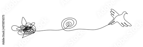 Continuous line art of a  tangled rope and a bird, mental health concept, hand drawn line vector.