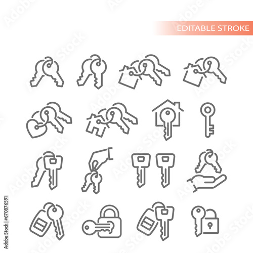 House, car key ring and chain vector icons. Keys, real estate and lock icon set.