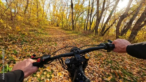 POV Autumn Ride in the Forest with Orange Fallen Leaves on a Electric Bike at Sunny Day. 60 fps, H.264, 8bit, Chroma Subsamlping 4:4:4