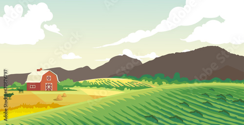 vector plantation design with green pastures and farm animals on beautiful mountains background 