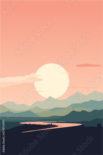 Retro style landscape with mountains, river, sun, clouds at sunset or sunrise. Vintage vector horizontal illustration for poster, travel card, wallpaper