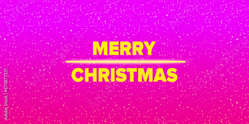 Merry Christmas horizontal banner with neon greeting text on pink night sky background. Merry Christmas flyer, card or invitation with starry space and text