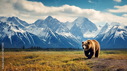 bear, autumn forest, mountain background