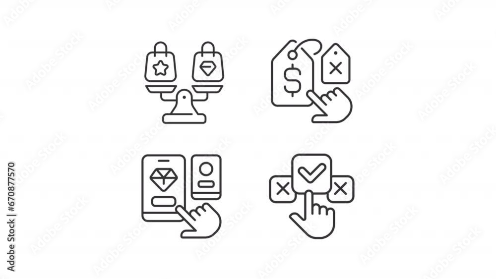 Set of 2D black icon simple animations representing comparison, HD video with transparent background, seamless loop 4K video. Set of 2D black icon simple animations representing comparison, HD video with transparent background, seamless loop 4K video.