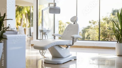Modern design dental clinic with panoramic windows and marble flooring. Concept of eco green technology in dentistry. Ai generative