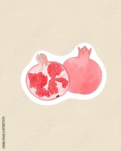 Ripe juicy pomegranate Cartoon sticker in comic style with contour. Decoratio...