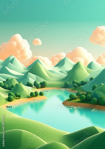Cartoon style landscape with grass and clouds Created with generative Ai