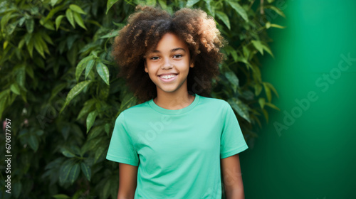 Portrait of young happy female, wearing a green t-shirt against a plant wall for eco friendly