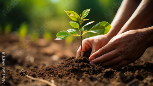 Close-up of hand planting a tree. Environment concept for world earth day