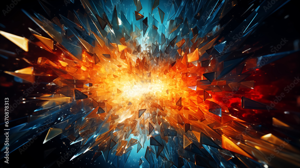 Abstract explosion, orange and blue geometric shape on dark background, 3D illustration.