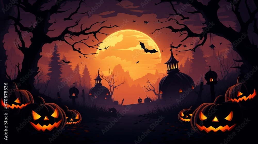 An atmospheric vector design of a Halloween night, showcasing the silhouette of flying bats and illuminated pumpkins against a mysterious background