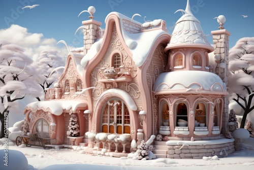 Snowy Santa's workshop, symbolizing the magic of toy-making and holiday preparations in gentle pastel tones, on isolated on pastel background, Generative AI