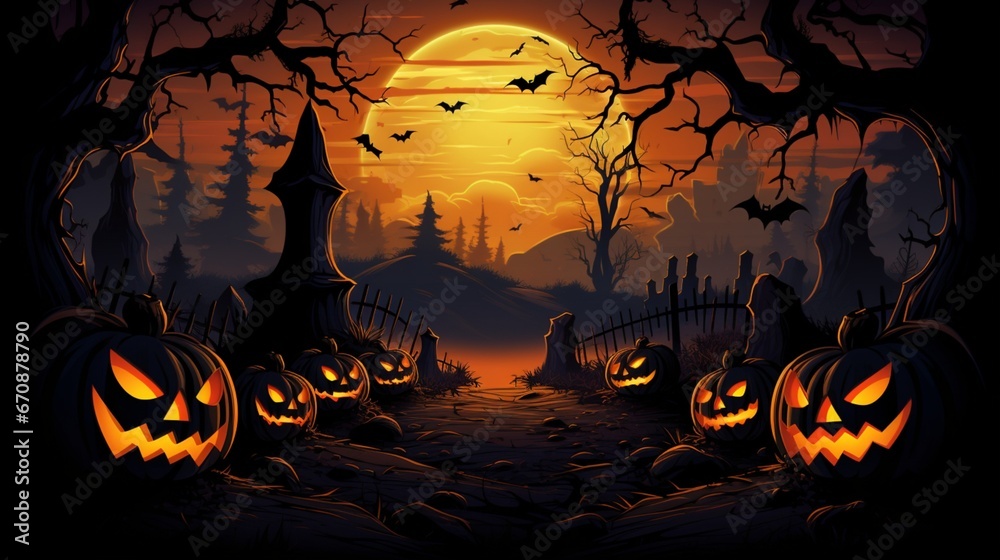 An intricately designed vector scene of a Halloween night, featuring glowing pumpkins and a sky filled with bats, all