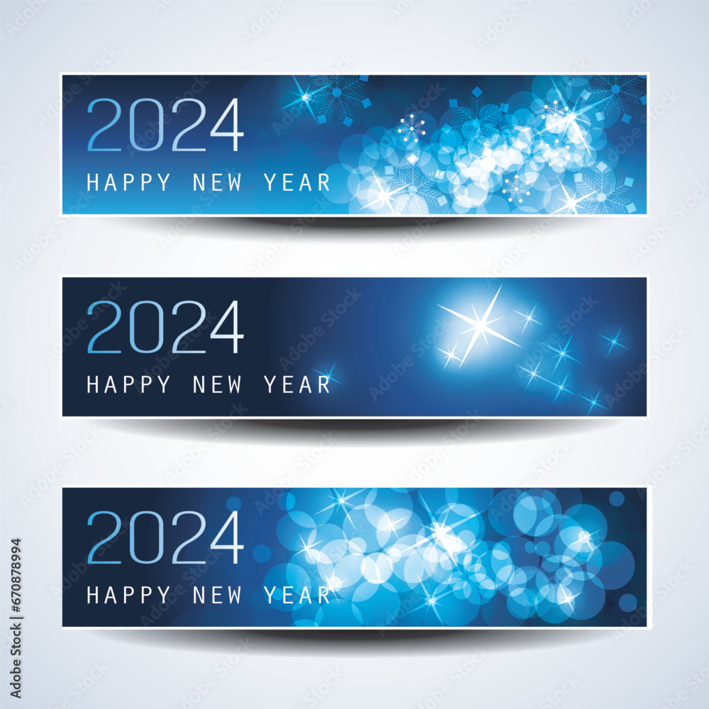 Set of Sparkling Shimmering Ice Cold Blue Horizontal Christmas, Happy New Year Headers or Banners for Web, Vector Design Template - 2024
