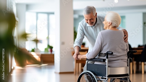 Old man pushing disabled wife on wheelchair in hospital hallway. Happy smiling senior woman in a wheelchair relaxing with her husband in care centre during a visit. Elderly man pushing his old wife.