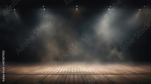 Empty and mist-filled dark stage backdrop with fog and warm brown spotlights. Showcasing artistic works and products. photo