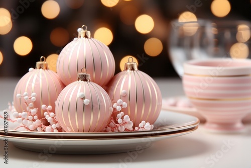 Festive table setting, encouraging holiday feasting and celebration in calming pastels, on isolated on pastel background, Generative AI
