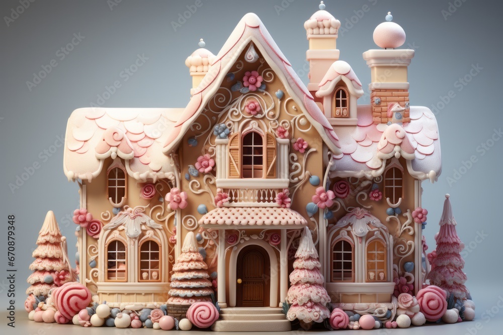 Gingerbread house, fostering creativity and festive baking in calming pastels, on isolated on pastel background, Generative AI