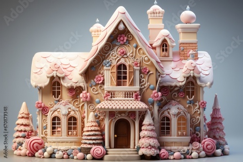 Gingerbread house, fostering creativity and festive baking in calming pastels, on isolated on pastel background, Generative AI © Box Milk