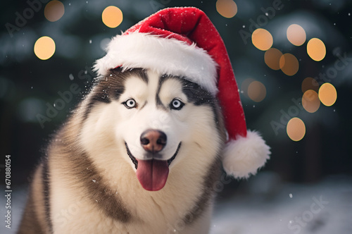 Husky wearing a Santa hat. Christmas Husky. Husky in winter. Bokeh in the background © upssallaaa