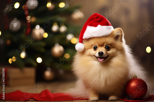 Spitz in a Santa hat against the background of a Christmas tree. Bokeh on the background. Gifts for the New Year © upssallaaa