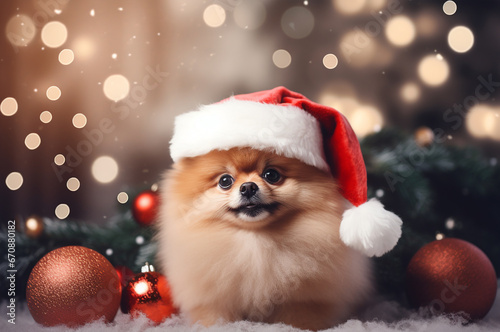 Spitz in a Santa hat against the background of a Christmas tree. Bokeh background © upssallaaa