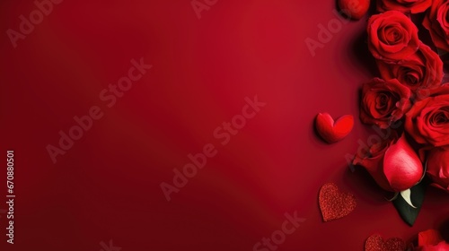 Valentine day copyspace with rose and red heart on red background. © morepiixel