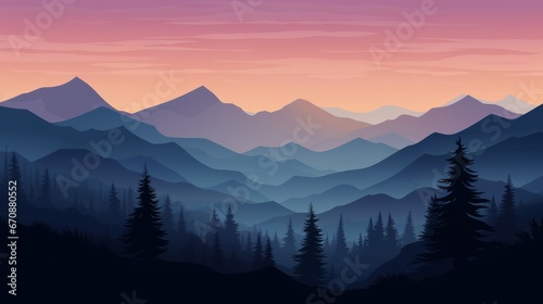 Beautiful mountain landscape at sunrise. Stunning foggy landscape of mountains and forest silhouettes. Great view for the background. Vector illustration photo