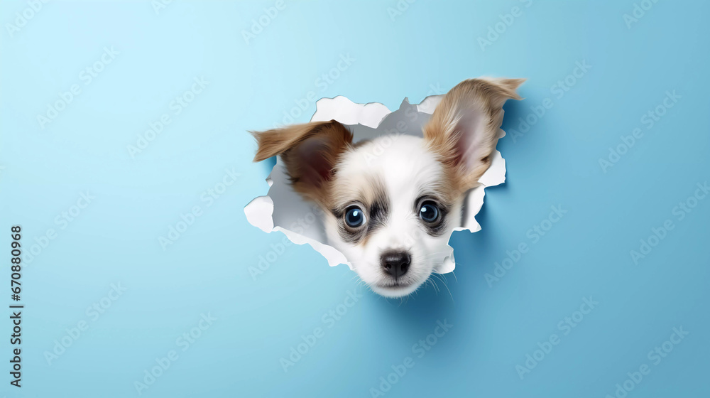 Cute Puppy peeking out of a hole in blue wall, torn hole, empty copy space frame, mockup